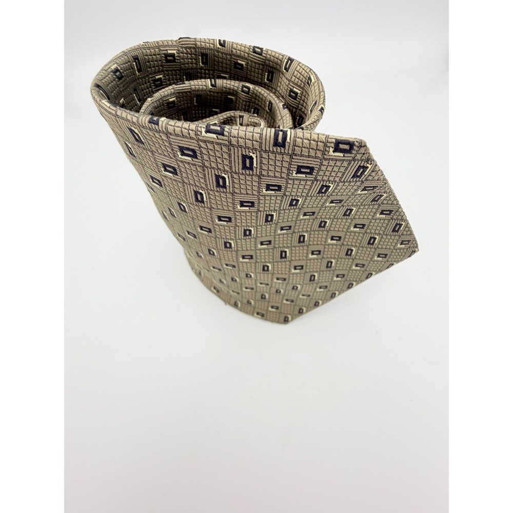 Valerio Garati Mens Geometric Silk Tie Olive Green Taupe Hand Made Classic 59in